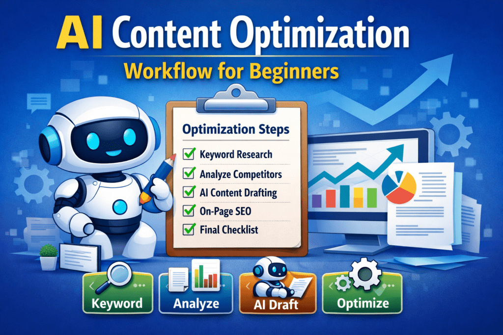 AI content optimization workflow illustration showing a robot presenting a checklist with keyword research, competitor analysis, AI drafting, on page SEO, and final checklist steps alongside SEO charts and analytics graphics