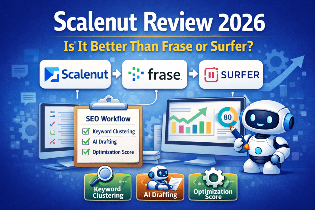 Scalenut Review 2026 featured image showing Scalenut compared with Frase and Surfer SEO, including SEO workflow elements like keyword clustering, AI drafting, and content optimization score displayed with analytics charts