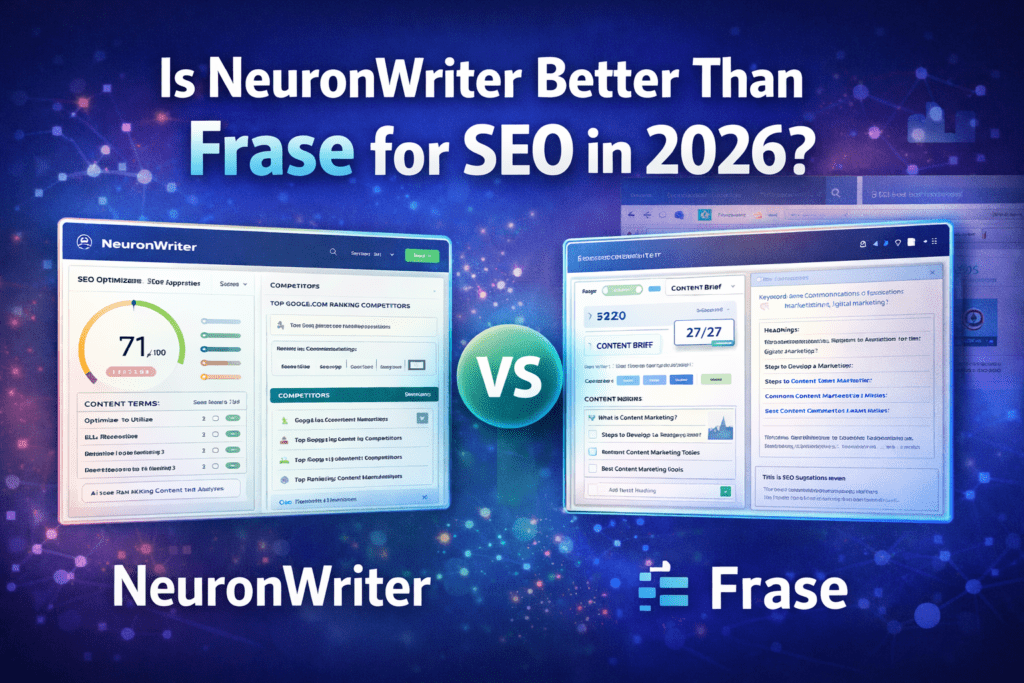NeuronWriter vs Frase SEO comparison showing AI content optimization tools for improving search rankings.