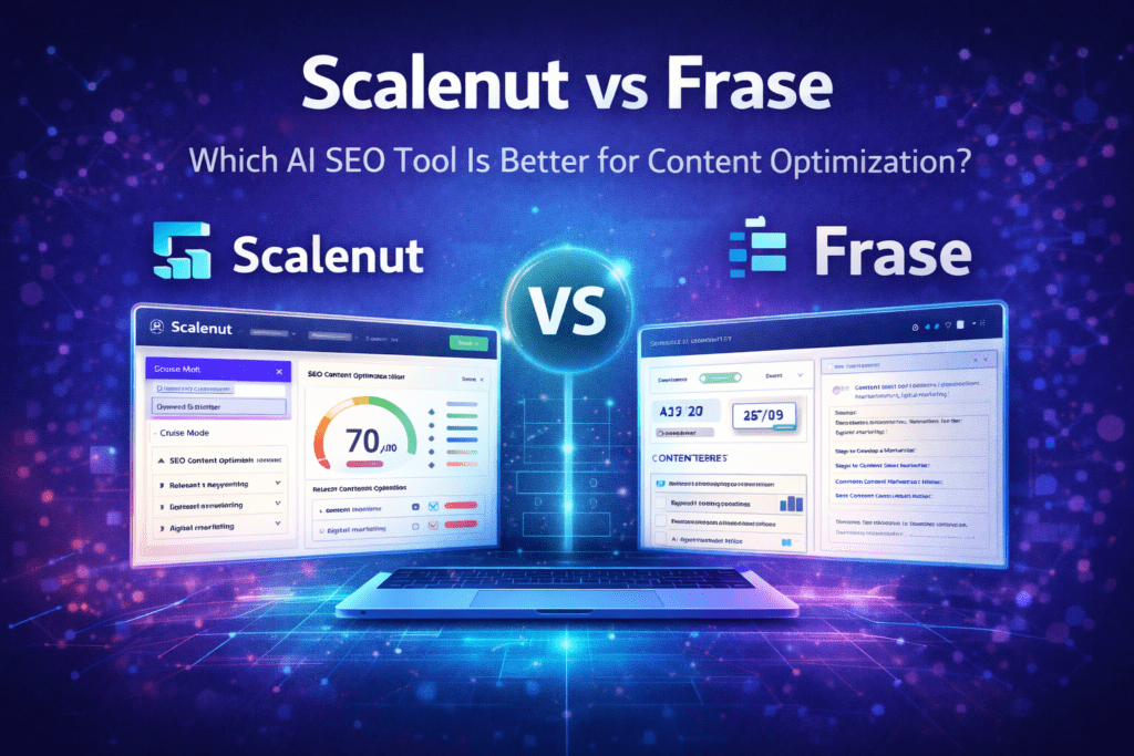 Scalenut vs Frase AI SEO tools comparison dashboard and content optimization workflow